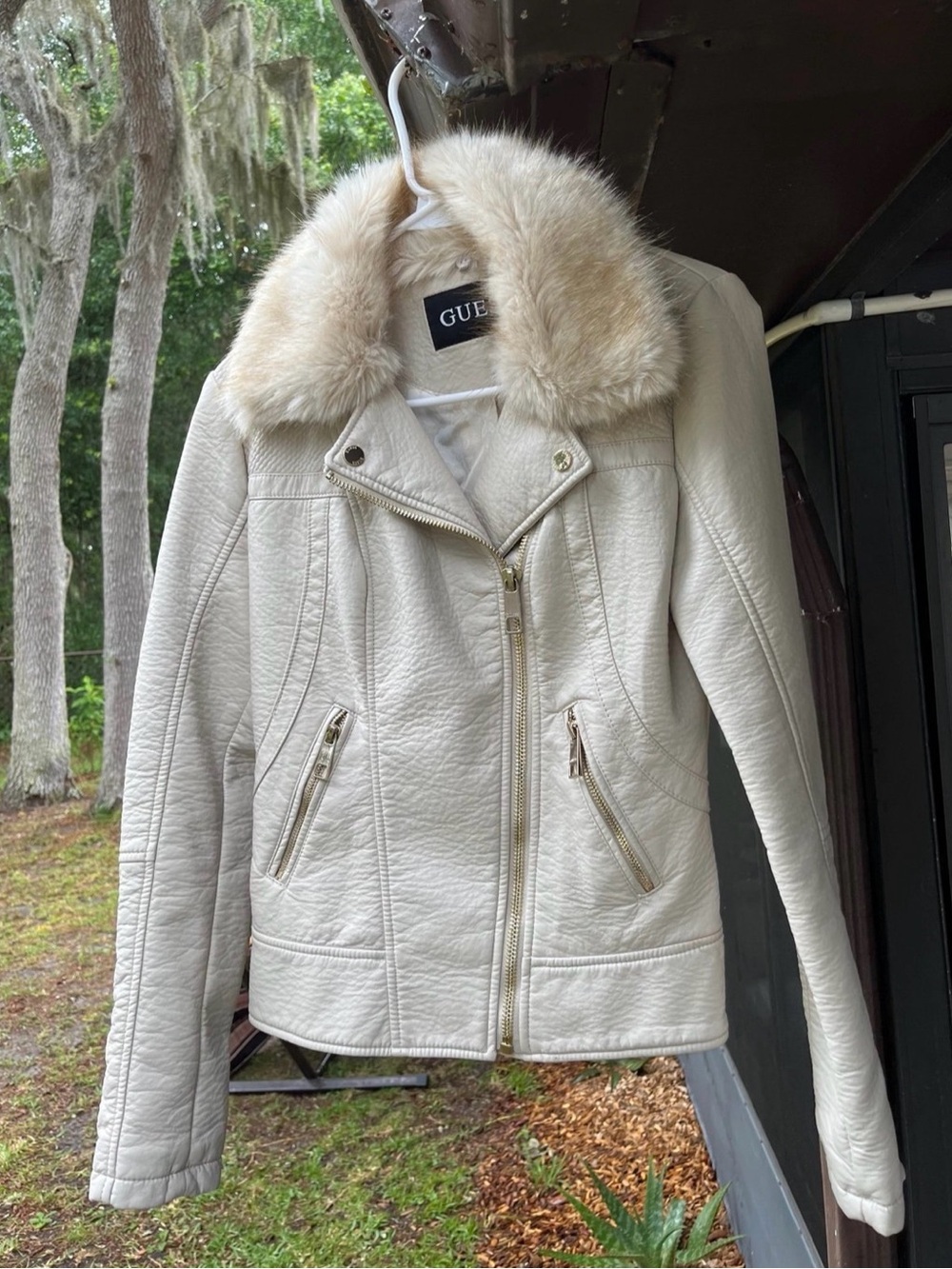 GUESS Light Beige Lace-Up Sleeve Faux Leather Moto Jacket